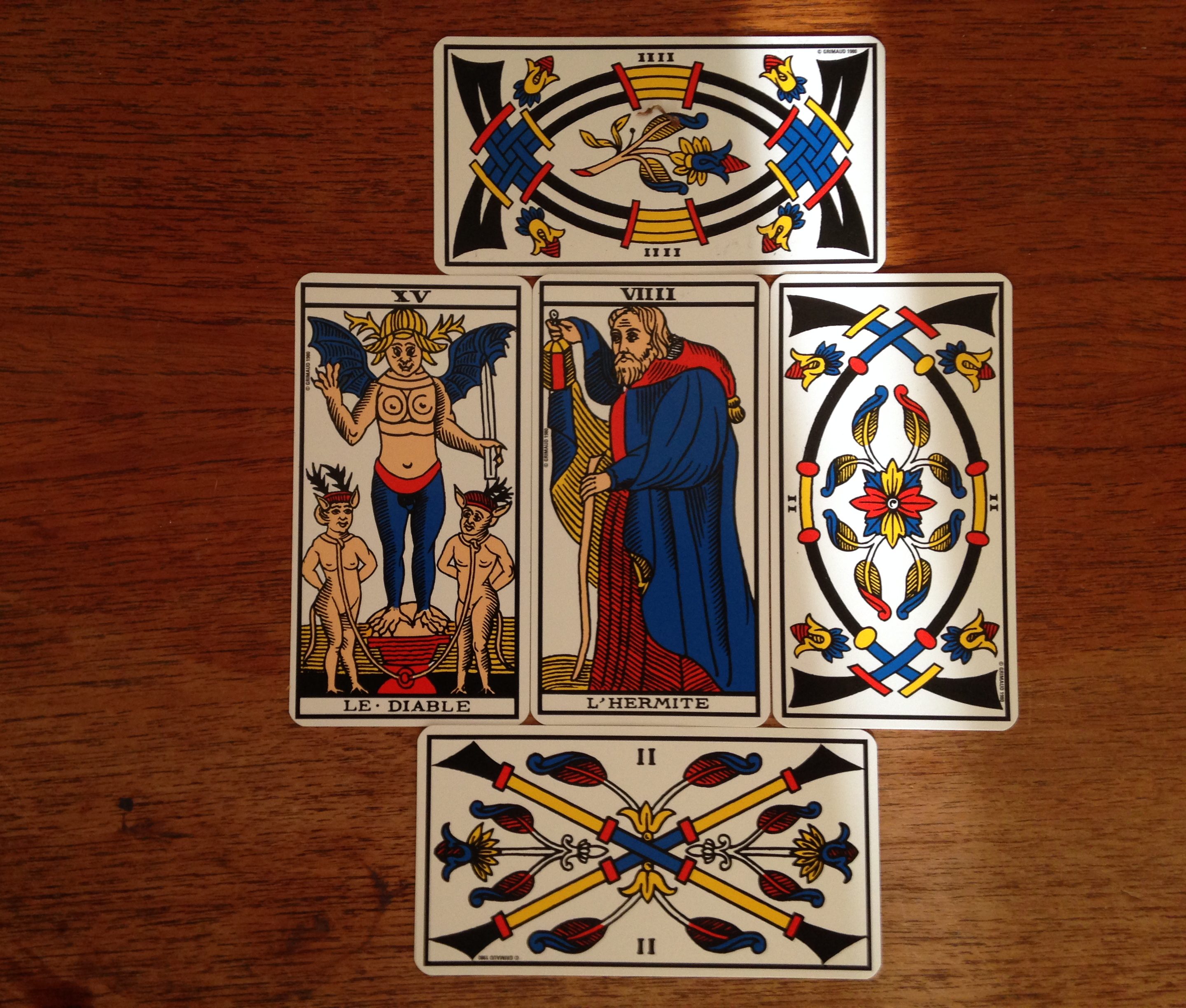 Tarot Cards - The Devil, The Hermit, Two of Swords